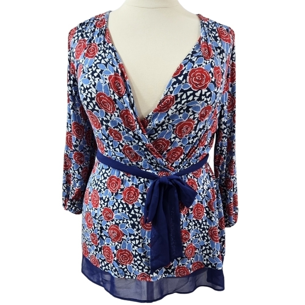 Modcloth Blue Red Floral Belted Surplice Neck Knit Blouse Chiffon Trim Stretchy